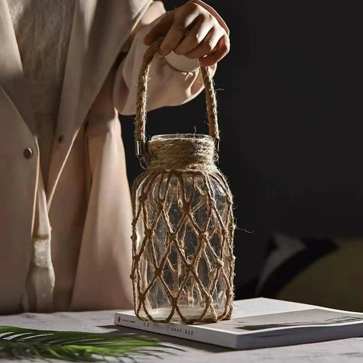 Rustic Hanging Glass Vase with Hemp Rope - Clokari