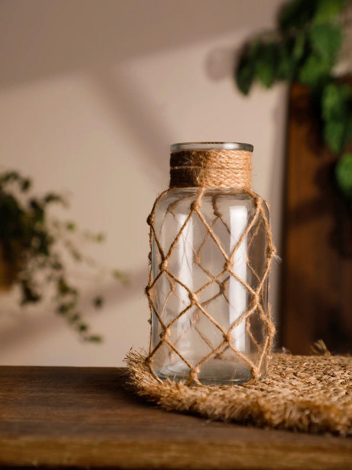 Rustic Hanging Glass Vase with Hemp Rope - Clokari