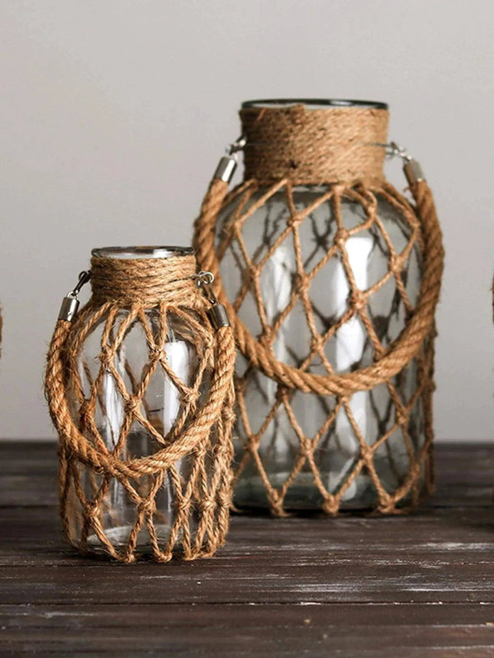 Rustic Hanging Glass Vase with Hemp Rope - Clokari