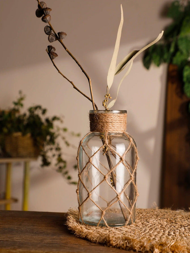 Rustic Hanging Glass Vase with Hemp Rope - Clokari