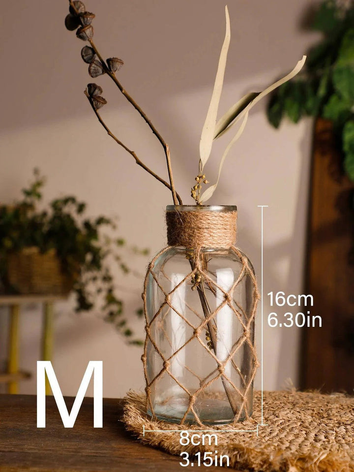 Rustic Hanging Glass Vase with Hemp Rope - Clokari