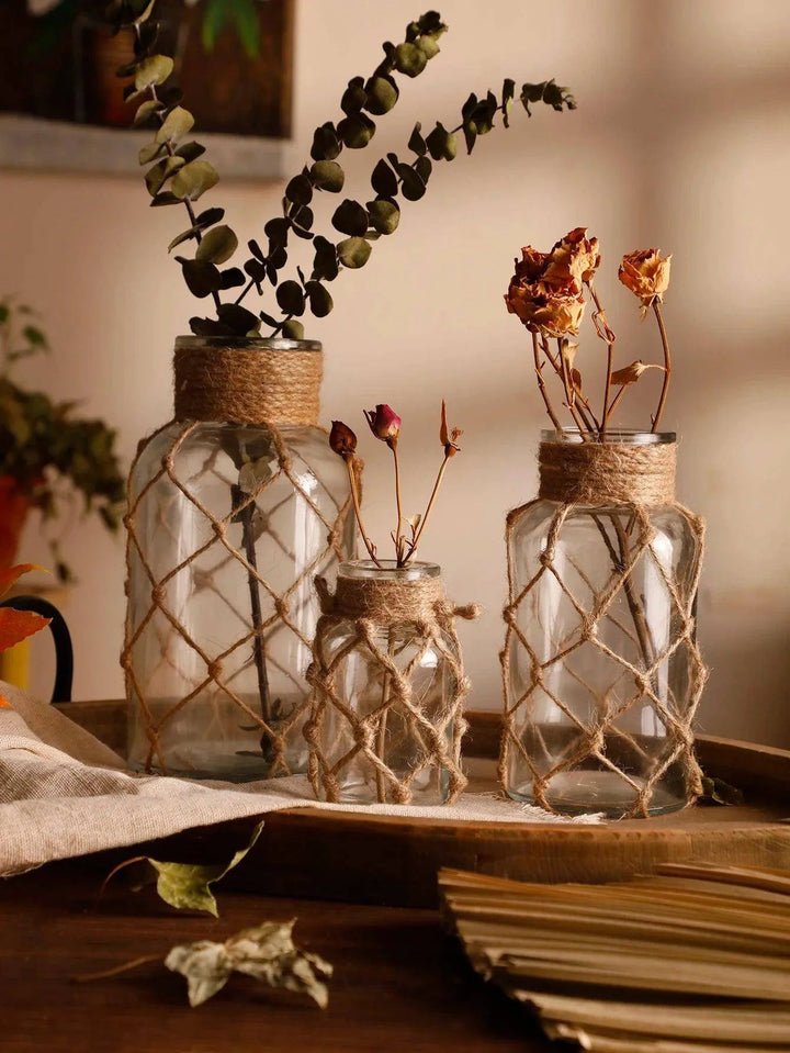 Rustic Hanging Glass Vase with Hemp Rope - Clokari