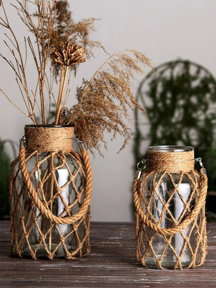 Rustic Hanging Glass Vase with Hemp Rope - Clokari