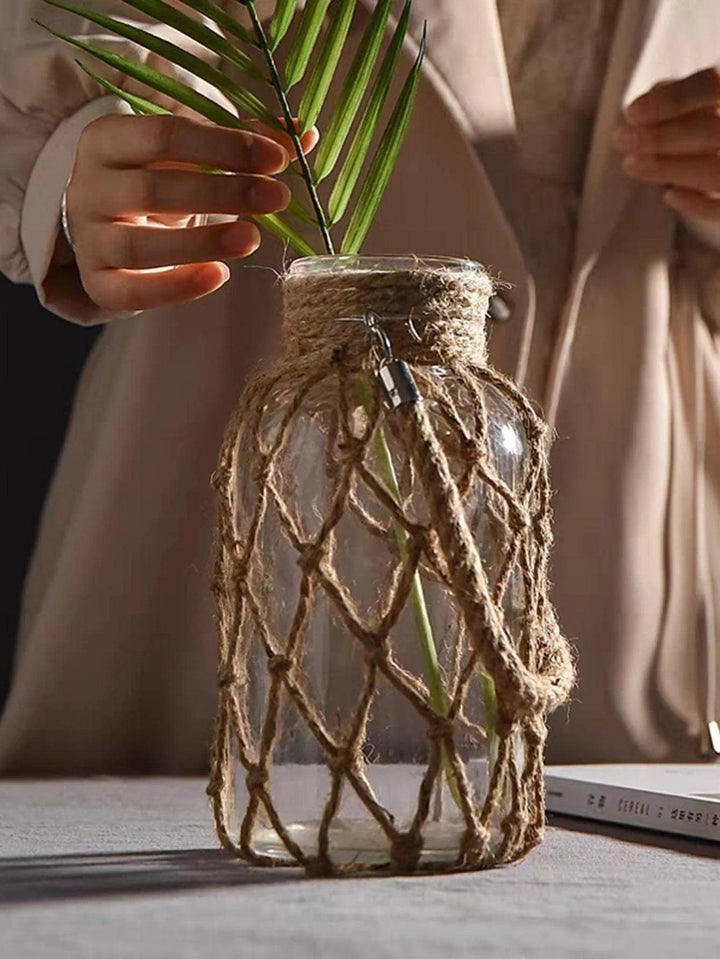 Rustic Hanging Glass Vase with Hemp Rope - Clokari