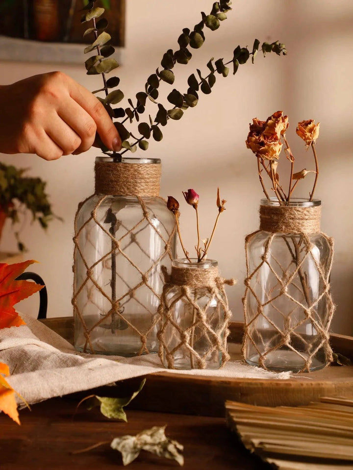 Rustic Hanging Glass Vase with Hemp Rope - Clokari