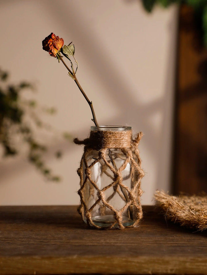 Rustic Hanging Glass Vase with Hemp Rope - Clokari