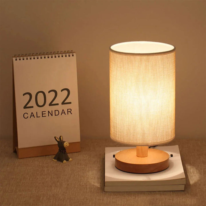 USB Bedside Lamp – Wooden Table Lamp with Cylinder Shade - Clokari