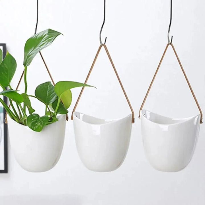 White Wall Hanging Planter – Portable Hydroponic Ceramic Pot - Clokari