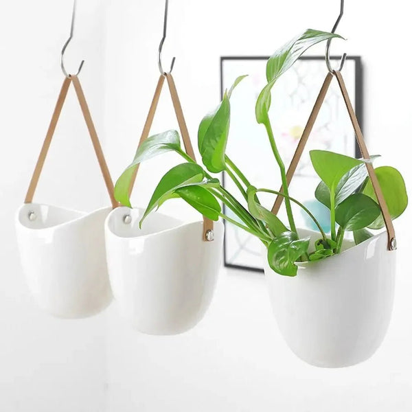 White Wall Hanging Planter – Portable Hydroponic Ceramic Pot - Clokari